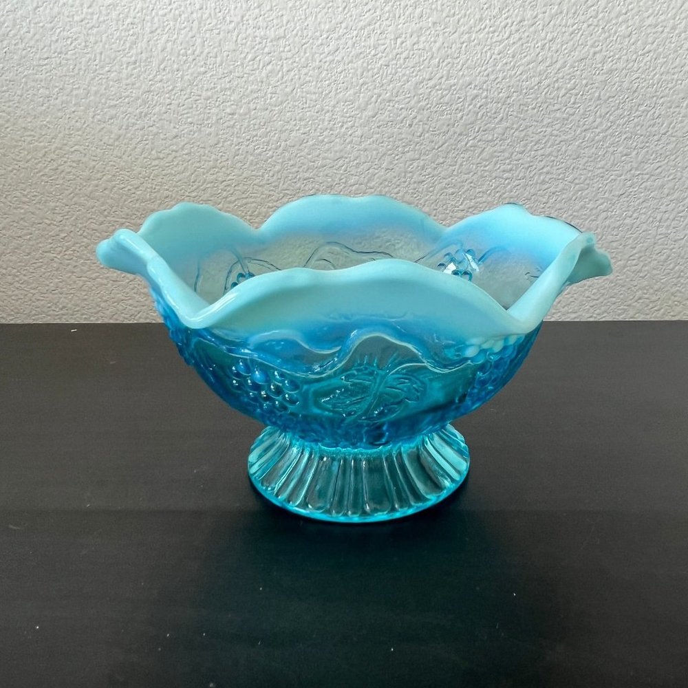 Antique Jefferson Glass Blue Opaline Compote Candy Dish Pattern #245 Grape Vine